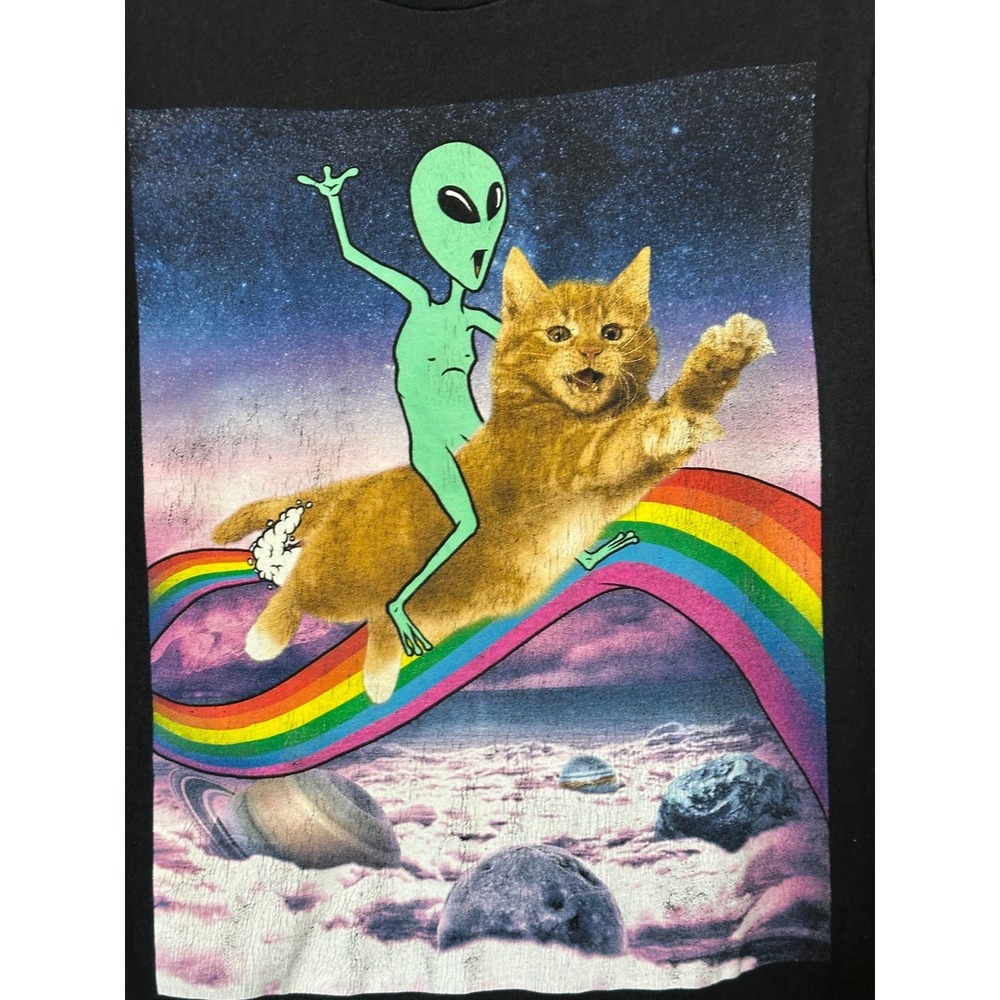Alien Riding Cat Rainbow Space Graphic T-Shirt Black Short Sleeve Crew Neck